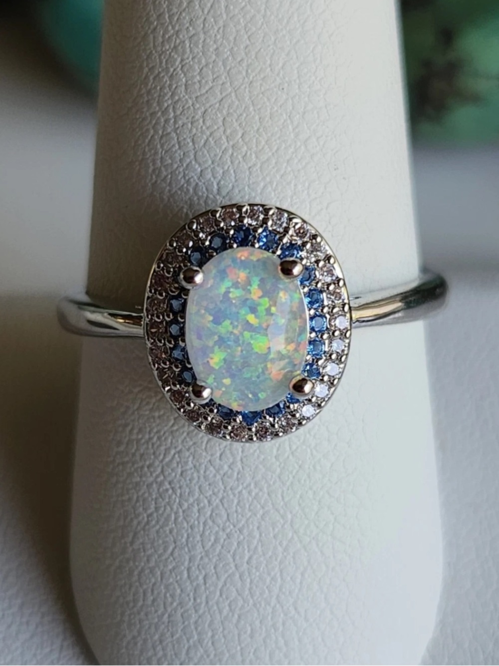 Natural Opal & Natural Sapphire Halo Ring 8.1x6.1mm Sterling Silver Size 8